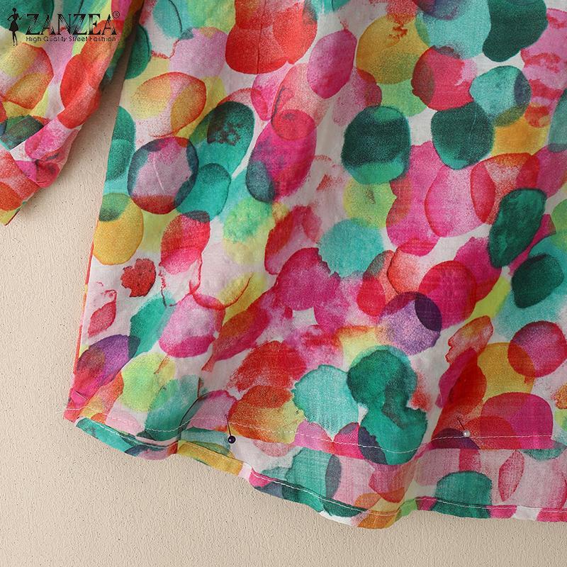 ZANZEA Women Print Casual Round Neck 3/4 Sleeve Loose Blouse