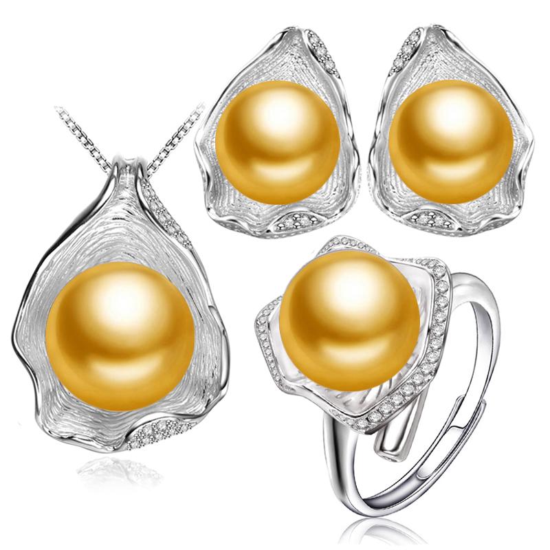 LSOOYH дизайн ракушки натуральный пресноводный жемчуг серьги комплекты ювелирных изделий ожерелье с кубическим цирконием кольцо