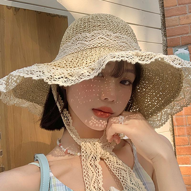 Кружевная кружевная соломенная шляпа для женщин, летняя пляжная выходная дышащая солнцезащитная шляпа с большими полями