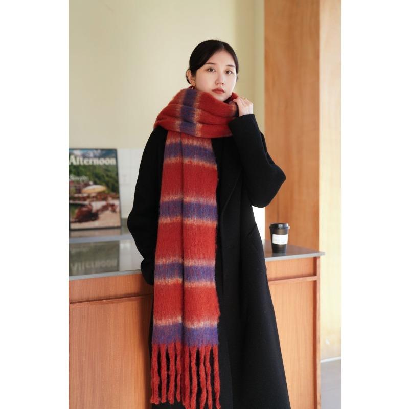 New Autumn and Winter Thickened Loop Yarn Braided Tassel Striped Imitation Cashmere Scarf
