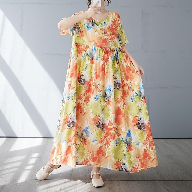 Летнее Новое Простое Богемное Длинное Платье Увеличенного размера с Коротким Рукавом и Круглым Вырезом с Принтом Женская Одежда
