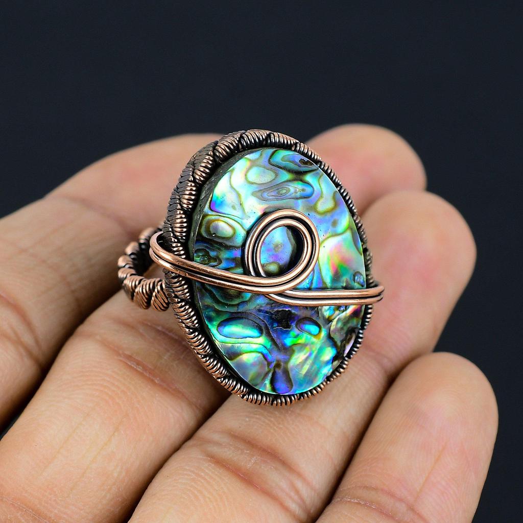 Abalone Shell Gemstone Copper Wire Wrapped Handmade Jewelry Ring For Woman