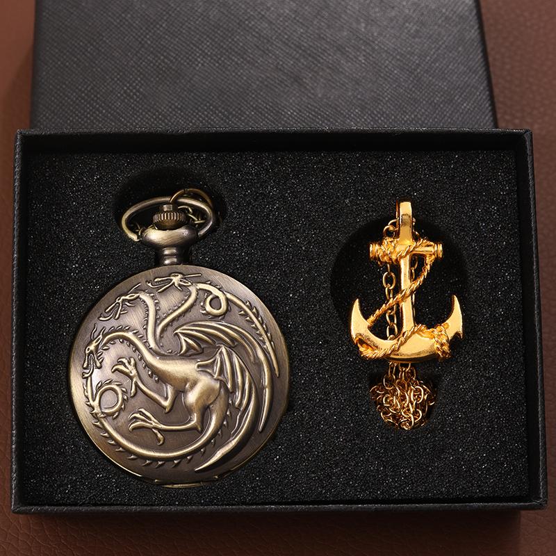 2 шт./набор, 1 шт. ретро модные мужские часы с тремя головками дракона дизайн корпуса кварцевые карманные часы и 1 шт. роскошное мужское ожерелье, идеальный выбор для подарков мужчинам