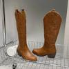 Сапоги женские новые вышитые боковые молнии ковбойские сапоги женские коричневые ретро толстый каблук длинные сапоги Botas Mujer 2024