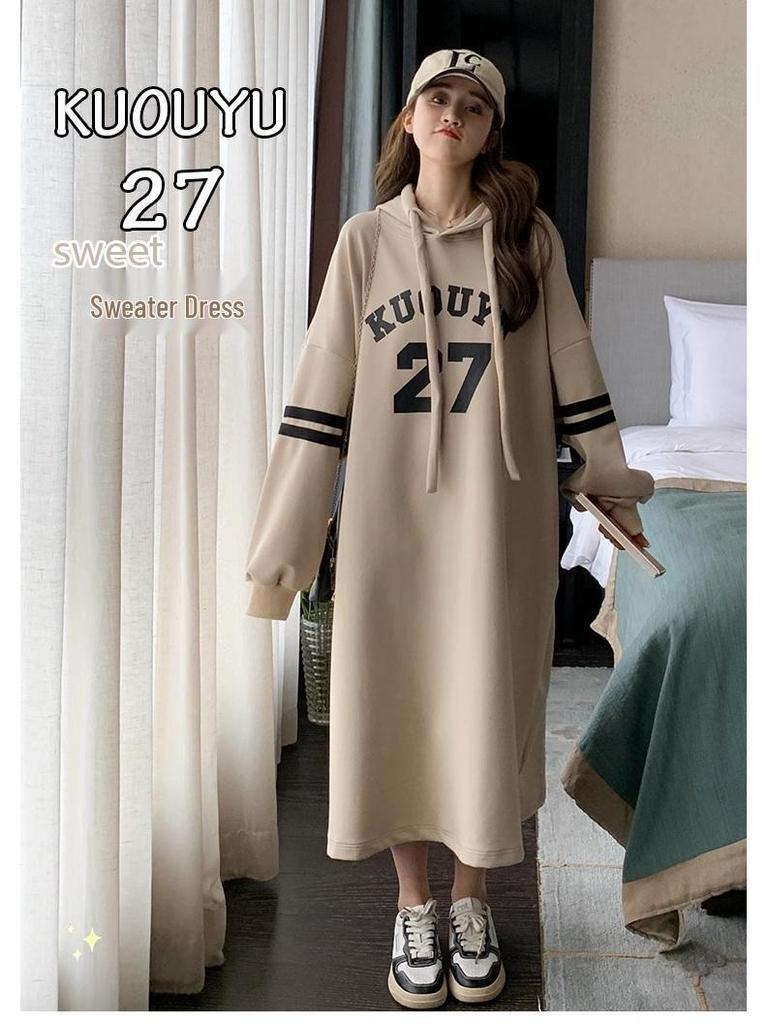 Korean Style Hooded Sweatshirt Dress: Women's Plus Size, Long, Loose Fit, Fall 2024 Collection