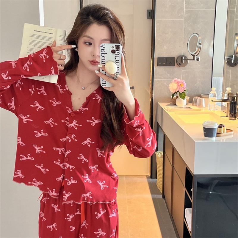 Pajamas women's spring new ice silk threaded v-neck cartoon Mickey loose cute loungewear