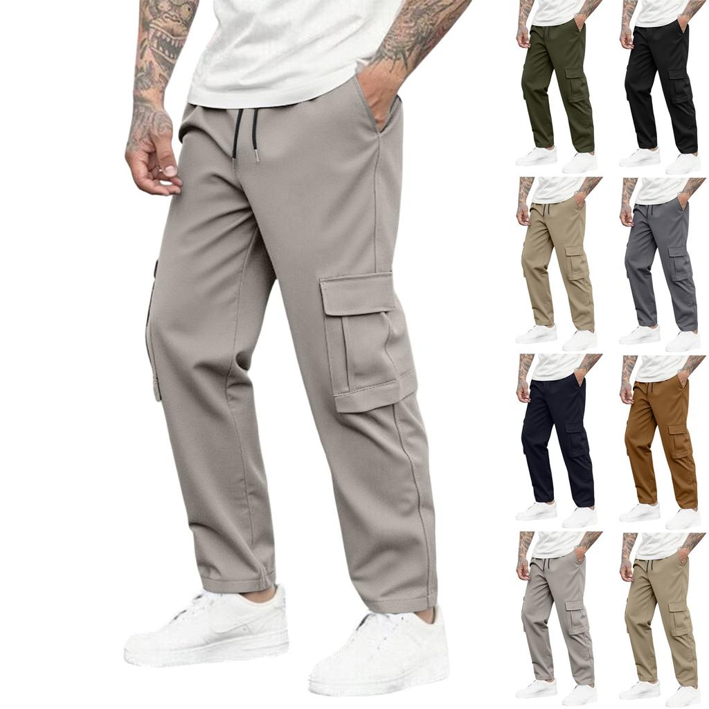 Men's Loose Casual Multi-pocket Work Pants, Youth Stretch Waist Drawstring Pants