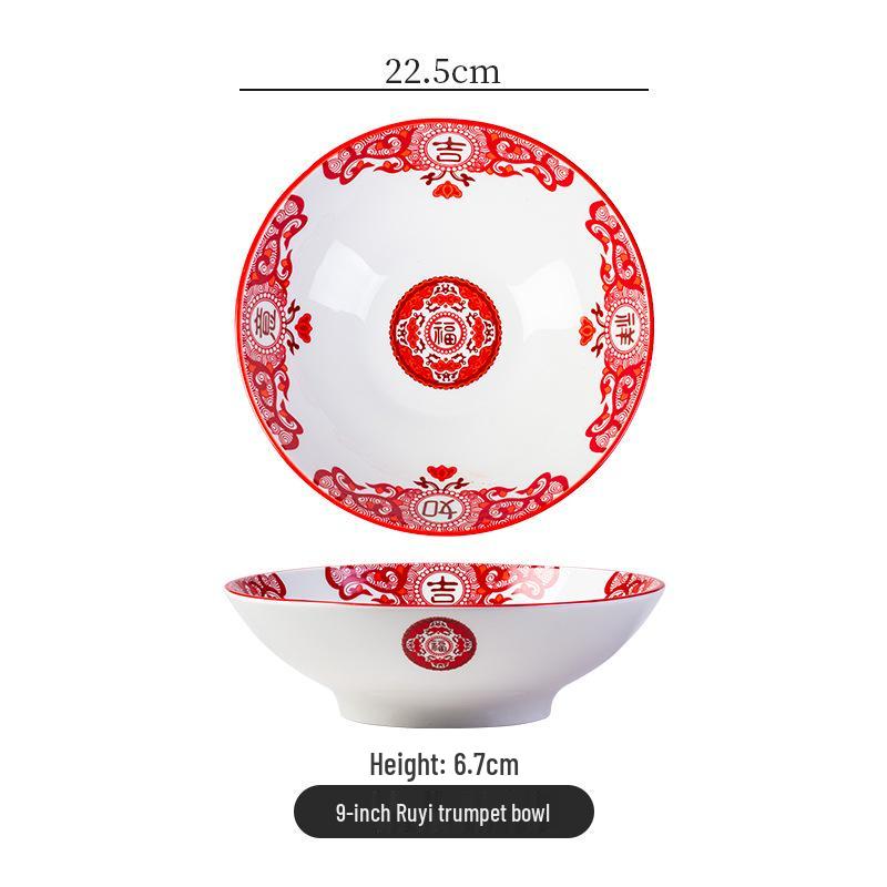 Retro Ceramic Soup & Noodle Bowl Set: Stir-fried Pork Bowl, Good Luck Stir-fry Plate, Snack Plate, Kitchen Utensils