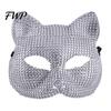 Full Face Skull Mask Rhinestone Halloween Mask, Sparkling And Cat Decorative Party Performance Adjustable Elastic Straps Costume for Carnival