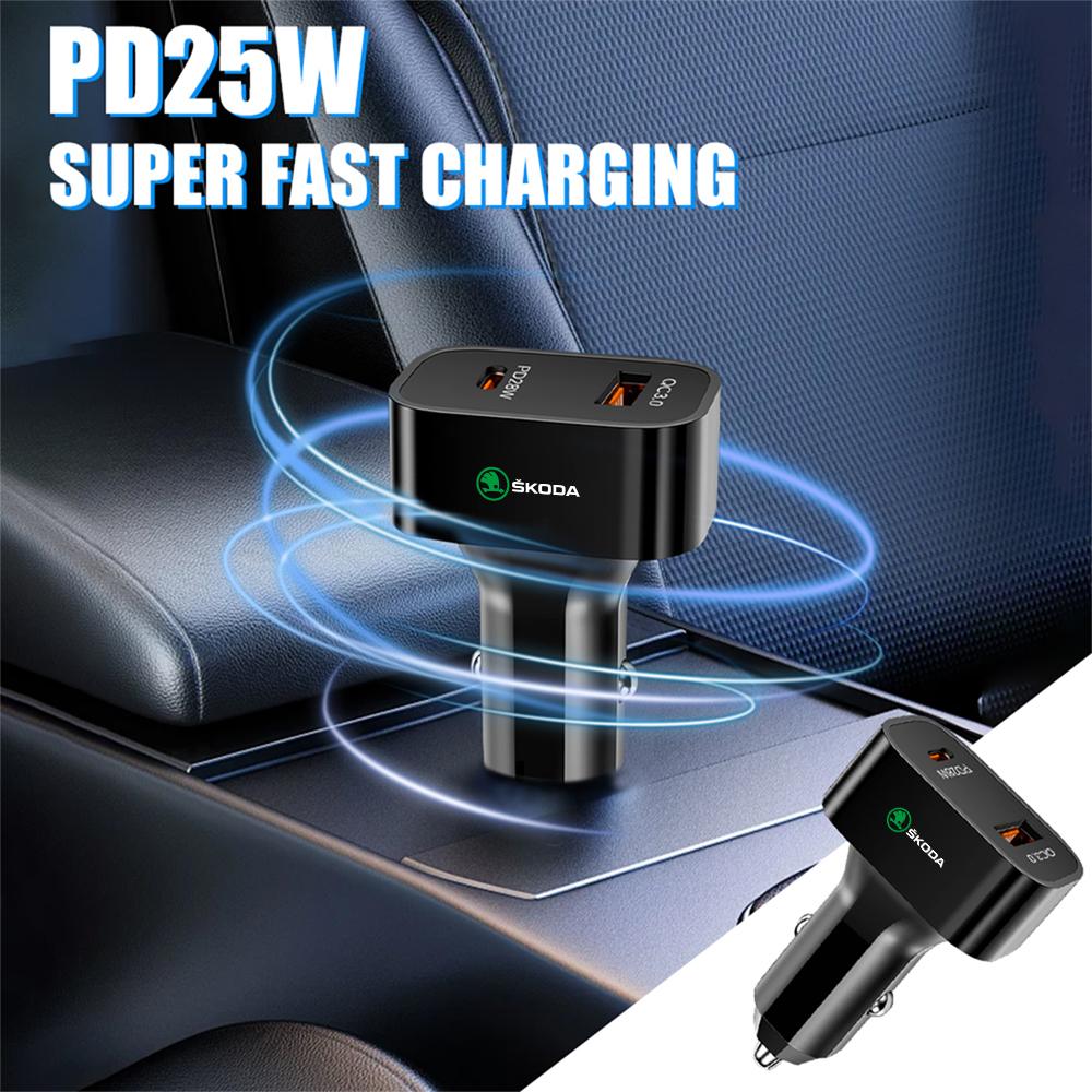 ZUKJ6 Car Charger PD 25W QC3.0 Dual USB Power Adapter Phone Charger For Skoda S Octavia A5 3 2 Mk3 Fabia 2 Superb 2 Kamiq Kodiaq VRS