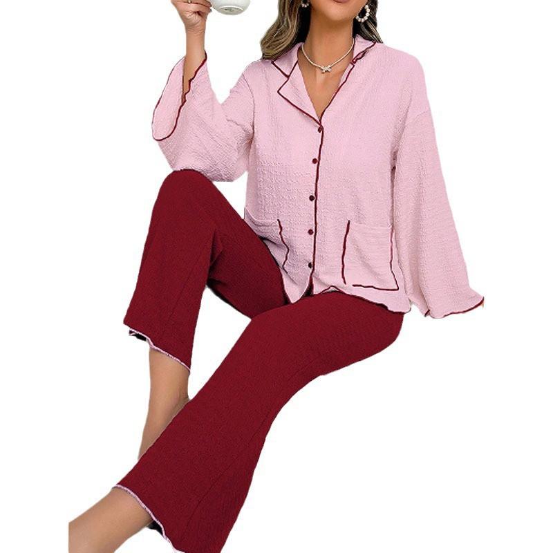 Womens Long Sleeve Pajama Set Fall Winter Collared Cardigan Loungewear Two Piece