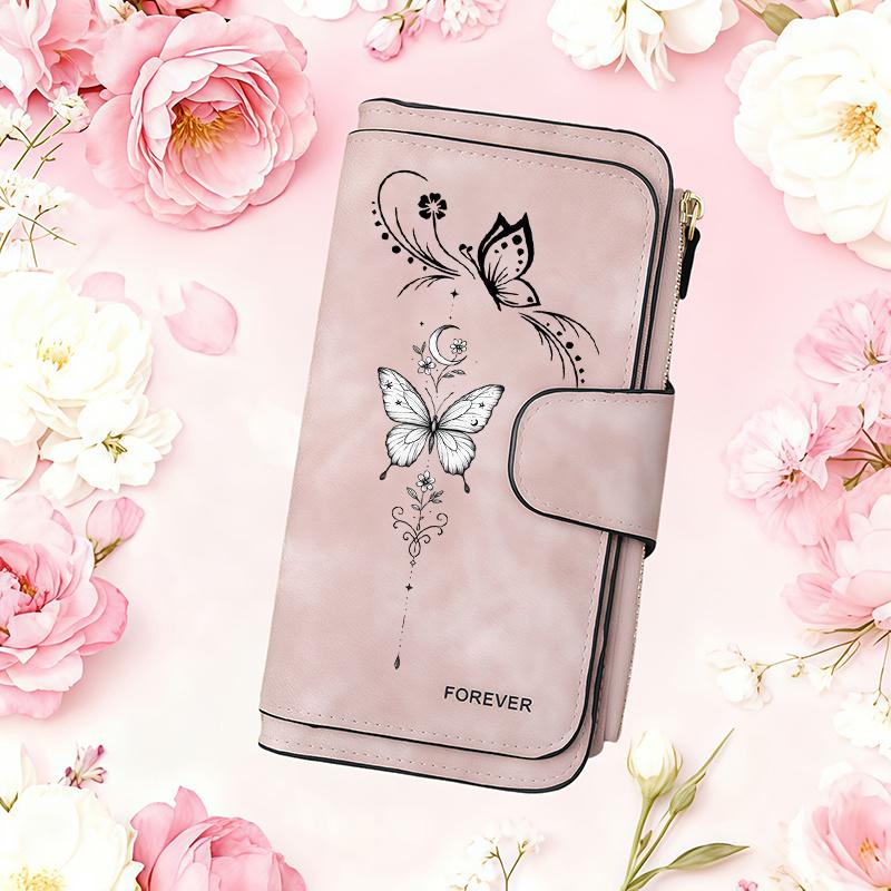 Butterfly-themed women's long wallet, multifunctional and portable, with snap closure, suitable for storing coins, ideal for birthday gifts or