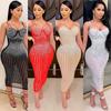 Sexy Sequin Glitter Crystal Midi Dress Women Sleeveless Strap Bodycon Club Dresses Plus Size Evening Mermaid Dresses