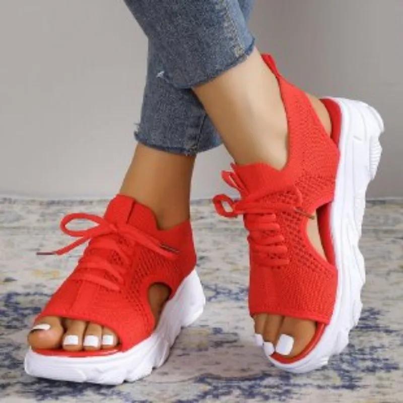 Fashion Large Size Sports Sandals for Women, 2025 New Hollow Toe Sandals, Fashionable Thick Soled Fly Woven Casual Beach Sandals