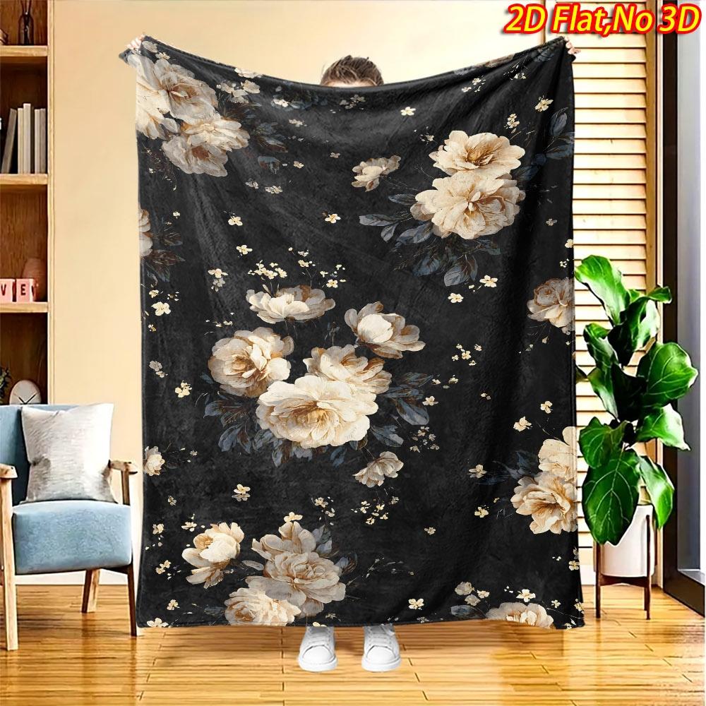 1pc 2D Flat Printing Spring And Summer New Arrival Off-White Floral Pattern Digital Print Blanket, All-Season Use, Casual Throw, 100% Polyester Fiber