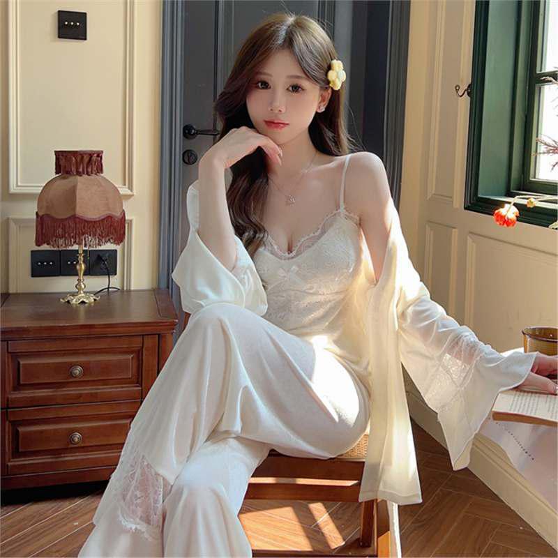 Женская пижама из золотого бархата: Халат с длинным рукавом и милый роскошный комплект из 3 предметов с нагрудными вкладышами