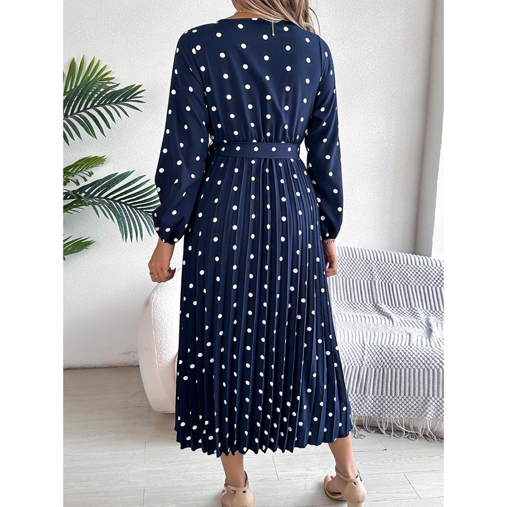 GMXIA Autumn and Winter Elegant Contrasting Polka Dot Cross V-neck Pleated Long Dress Women's Wear