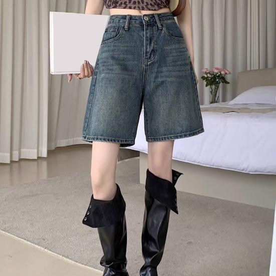 HWomen Denim Shorts High Waist Vintage Washed Straight Wide Leg Pure Color Button Zipper Closure Streetwear Knee Length Jeans Short Pants