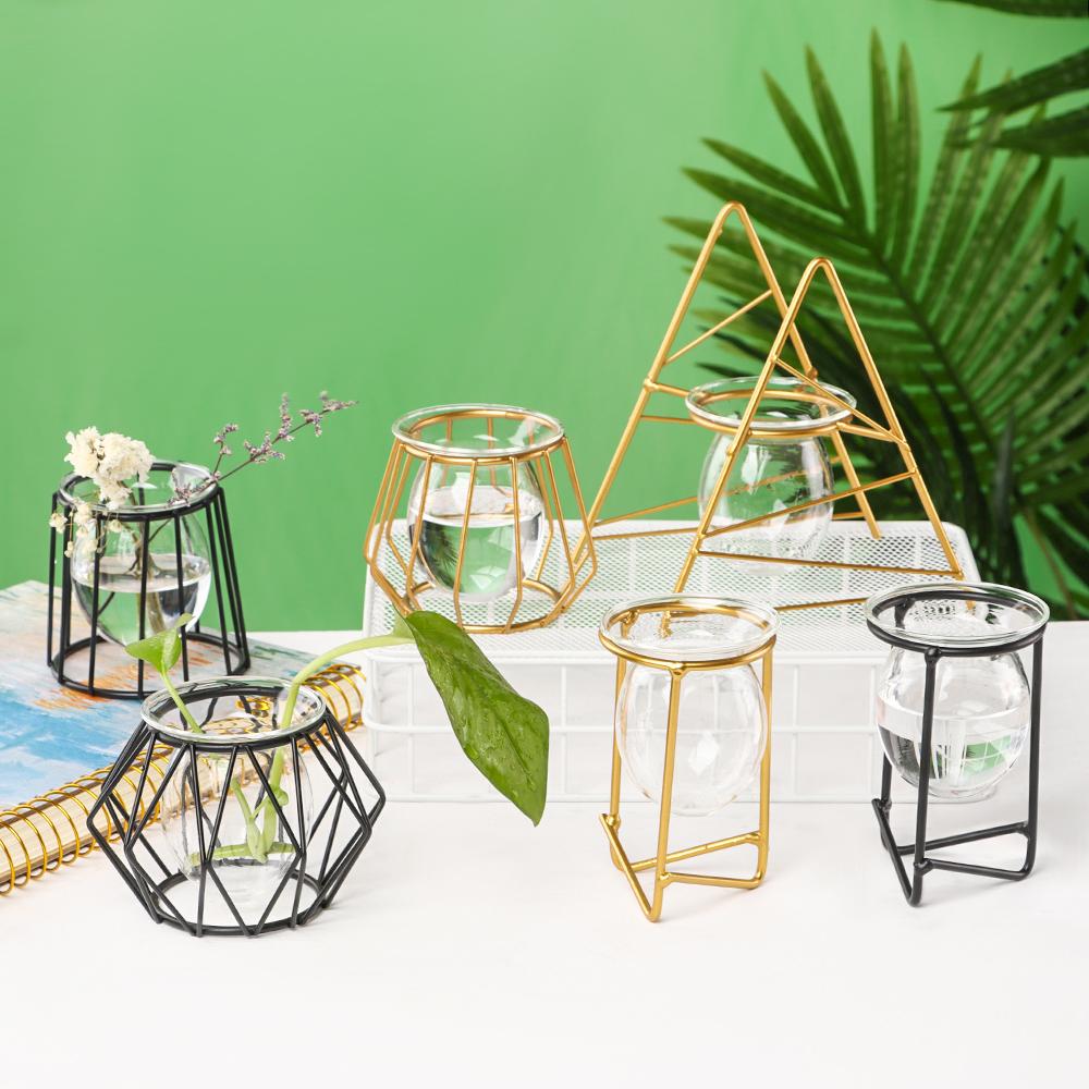 Home Decoration Iron Geometric Pattern Glass Planter Terrarium Metal Holder Hydroponic Vase