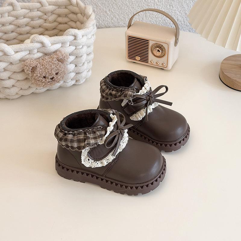 Корейские ретро женские черные зимние кожаные ботинки 2025: Хлопковые короткие ботинки в стиле Лолита с бантом для малышей