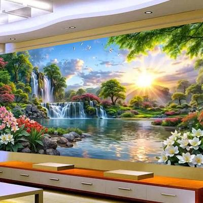 Цветущие цветы DIY Мозаичная живопись Восход Водопад Пейзаж 5D Алмазная живопись Квадратный Круглый Страз Ручная работа Вышивка крестом