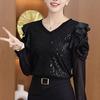 Fashionable and Youthful Sparkling Long Sleeved Shirt for Women Autumn Style Unique and Beautiful Small Shirt Sequined Tops