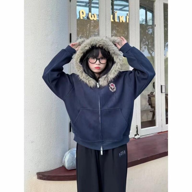 Winter Casual Hooded Sweatshirt Bear Ear Fleece Trim Cardigan Warm Versatile Unique Design