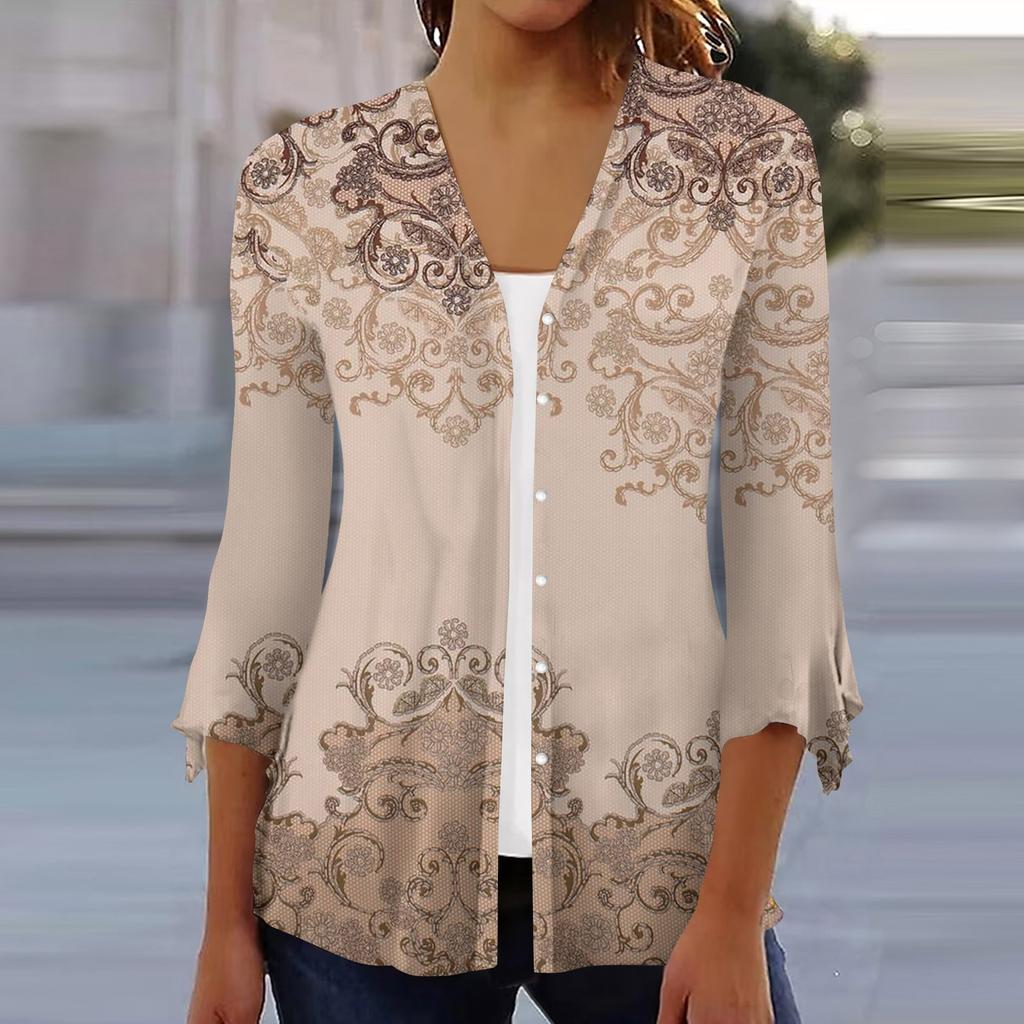 Women's Shirt Blouse Outerwear Print 3/4 Length Sleeve Casual Holiday Basic Button Tops