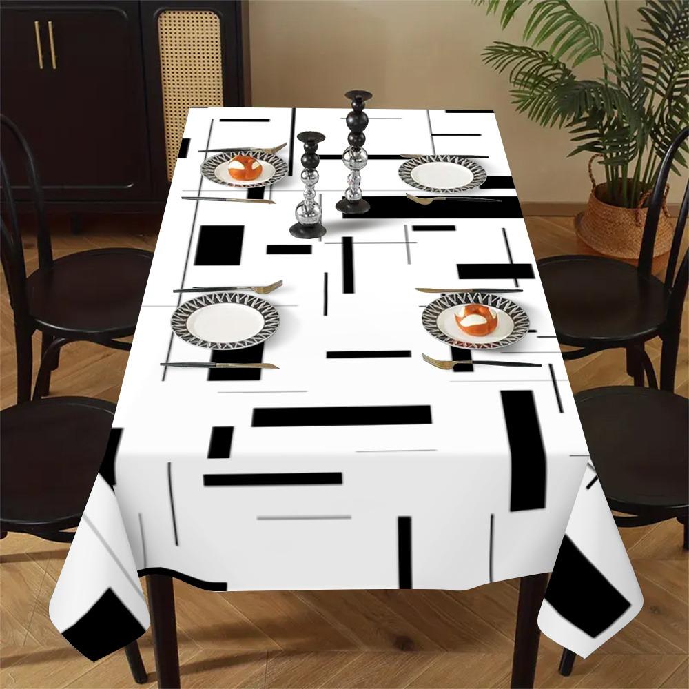 1pc modern minimalist geometric pattern rectangular tablecloth, durable polyester tablecloth, black and white designzyc