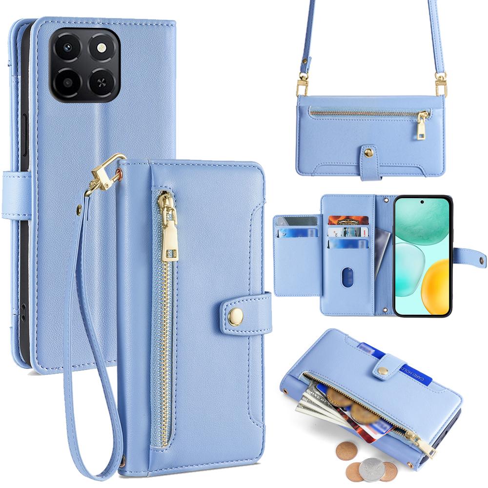 For Honor X6c 4G Leather Case Zipper Pocket Wallet Phone Cover with 2 Straps