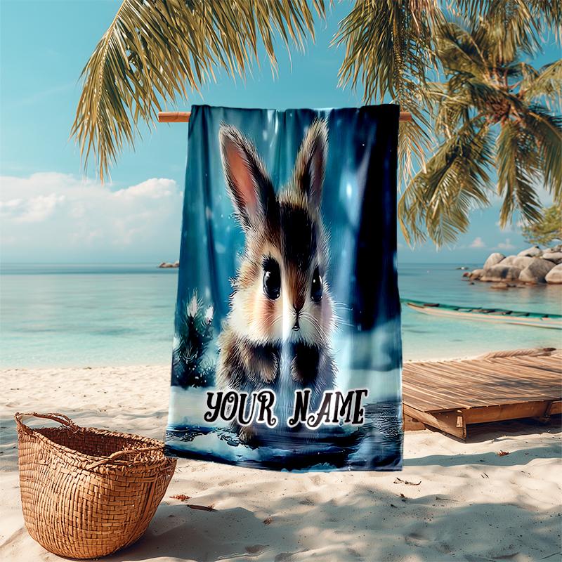 1PC Custom Name Winter Bunny Adventure Beach Towel Highly Absorbent And Sand-Resistant Towel for Swimming, Pool, Yoga, And Travel Lightweight