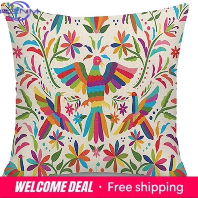 Colorful Ethnic Birds and Flowers Throw Pillow Case Home Decorative Pillow Case Cushion Cover Sofa Linen Square Pillow Case
