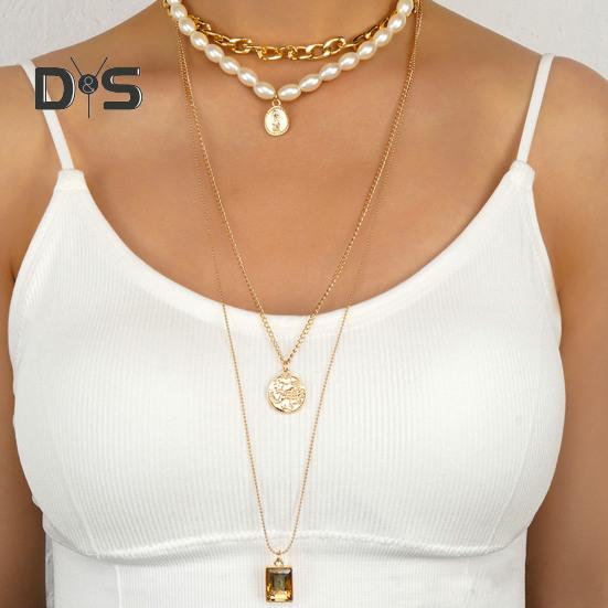 Многослойное ожерелье для женщин, 4-слойное ожерелье из искусственного жемчуга, комплект из золотой цепочки, свадебные украшения