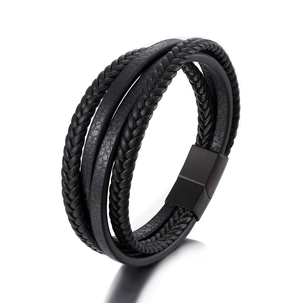 Мужской многослойный плетеный кожаный браслет из коровьей кожи и нержавеющей стали - Европейский и американский стиль