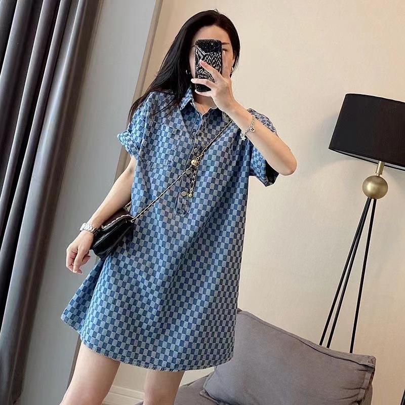 Plus-Size Women's Blue Denim T-Shirt Dress - Loose, Medium Long, Short-Sleeve, Summer Style.