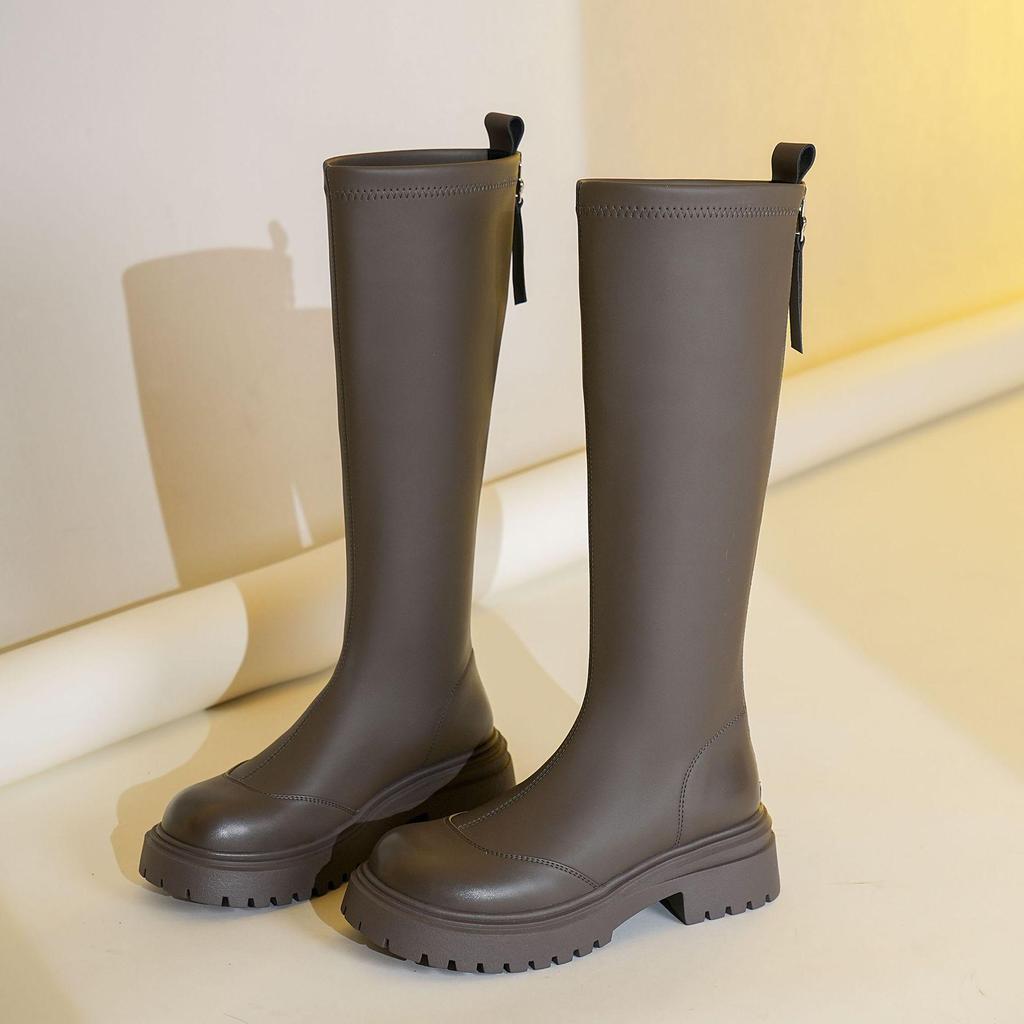 M95005 Long Knight Boots: Simple Zipper, Thick Sole, Height Increase, All-Match for Autumn/Winter.