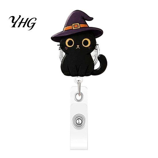 Halloween Badge Clip Black Cat Pumpkin Reel, Retractable with 360 Degree Rotating Clip, Id Card Acrylic Decorative Reel for ID Holder And Nurse