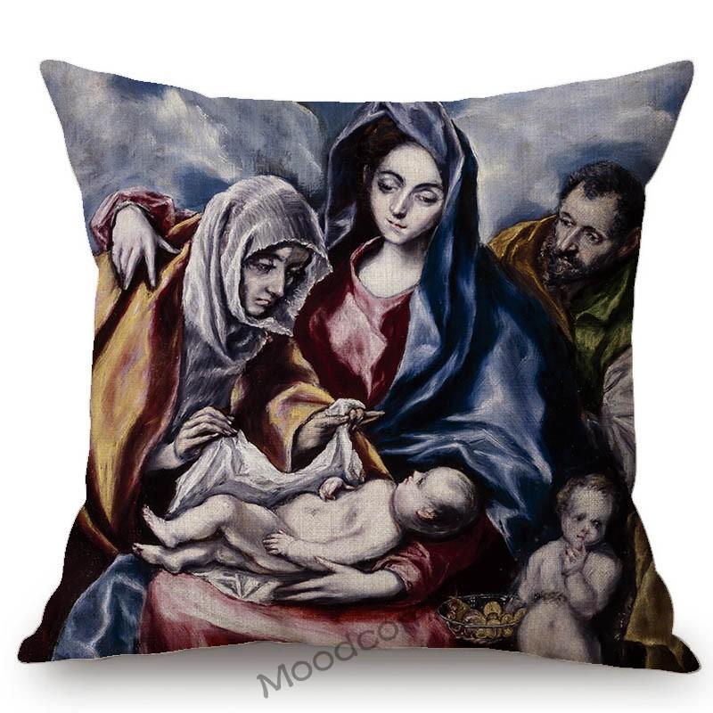 El Graco Famous Oil Painting Jesus Virgin Maria Christian Art Religion Church Decoration Sofa Pillow Case Linen Cushion Cover