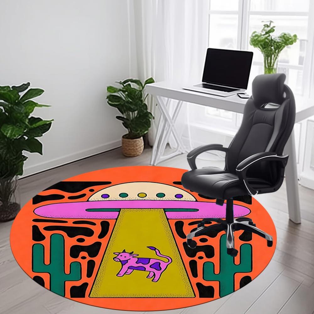 1pc UFO Cow Office Round Area Rug, Indoor Mat Suitable For Office, Under Office Chairs Bedroom Living Room Home Decor, Room Deco