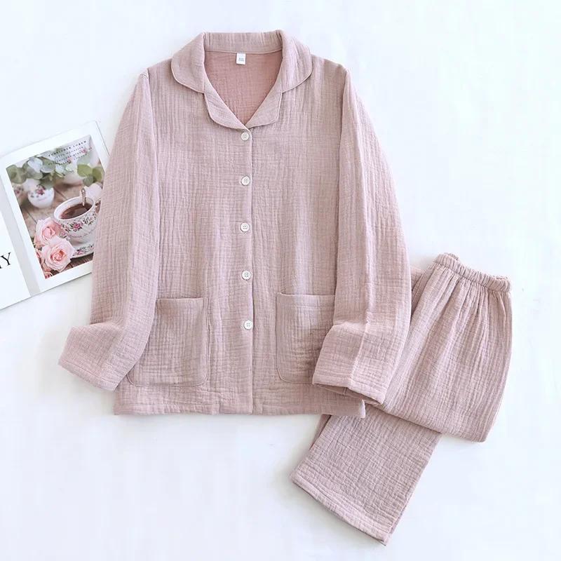 New Couple's Pajama Set 100% Cotton Men's and Women's Collar Long Sleeve Long Pants Solid Color Two Piece Home Set Pijamas