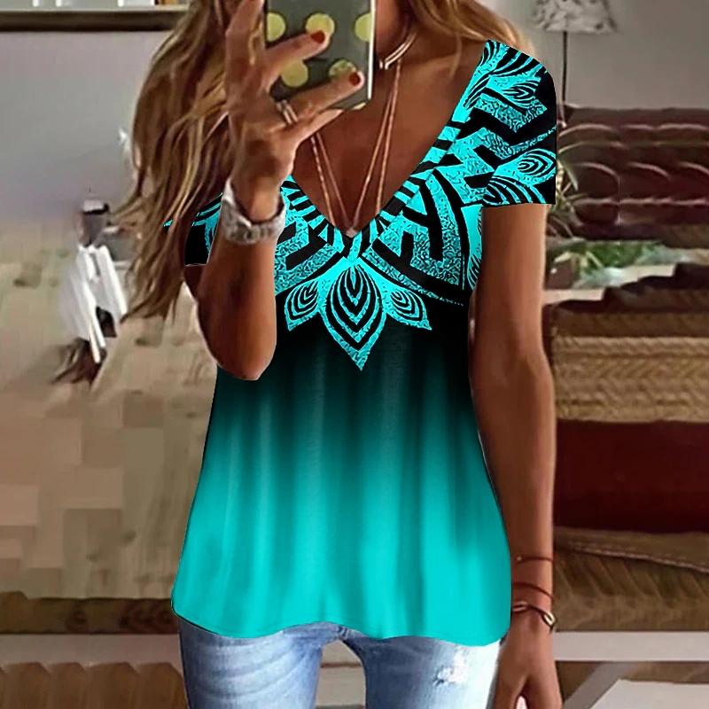 Летний топ с V-образным вырезом и 3D-принтом, модные повседневные женские футболки с короткими рукавами