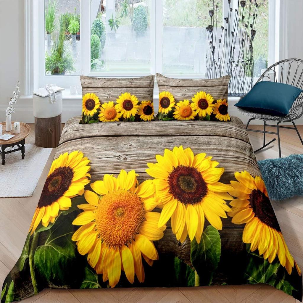 Rustic Farmhouse Bedding Sets Queen Country Butterfly Sunflower Duvet Cover Retro Barn Door Comforter Cover Cabin Lodge Bed Set