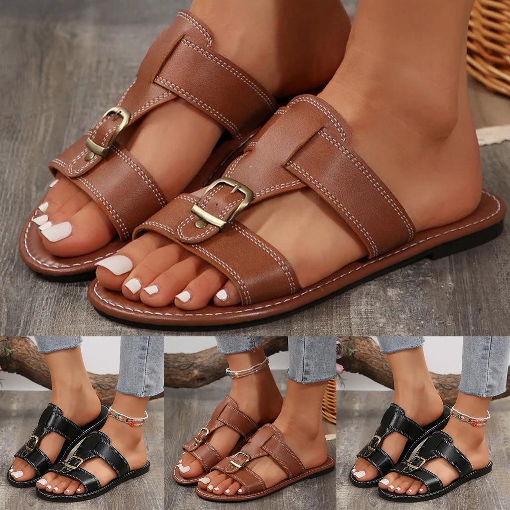 Fashion Vintage Sandals for Women Female Flat Bottomed Square Toe New Chic Summer Sandal Beach Holiday Wide Side Casual Shoes