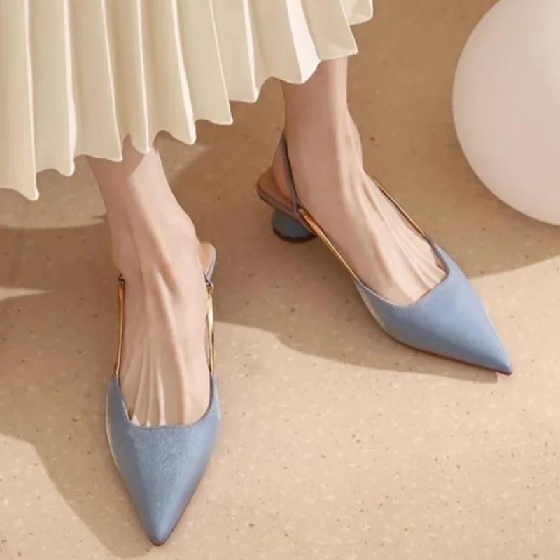 Мода 2024 Летние женские босоножки Элегантные заостренные офисные босоножки на низком каблуке Женские брендовые дизайнерские роскошные универсальные Zapatillas Mujer