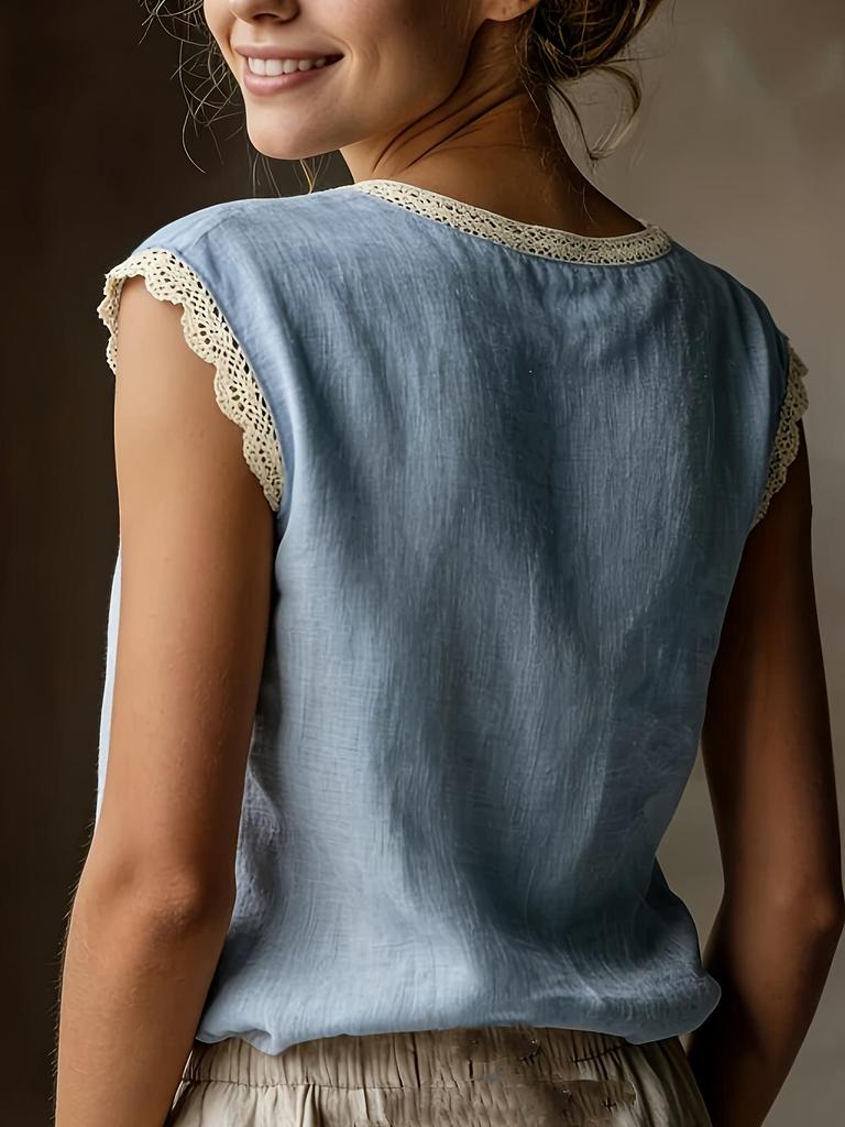 Женская ретро свободная льняная рубашка без рукавов с кружевной аппликацией 2026
