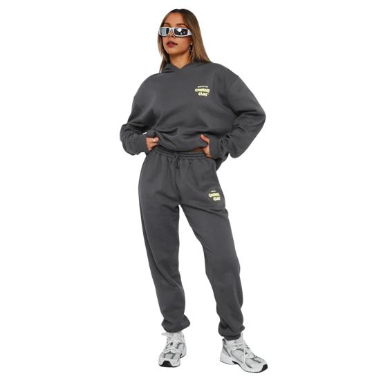 2 шт./комплект женский топ брюки комплект с капюшоном длинный рукав эластичные манжеты толстовка с капюшоном буквенный принт эластичный