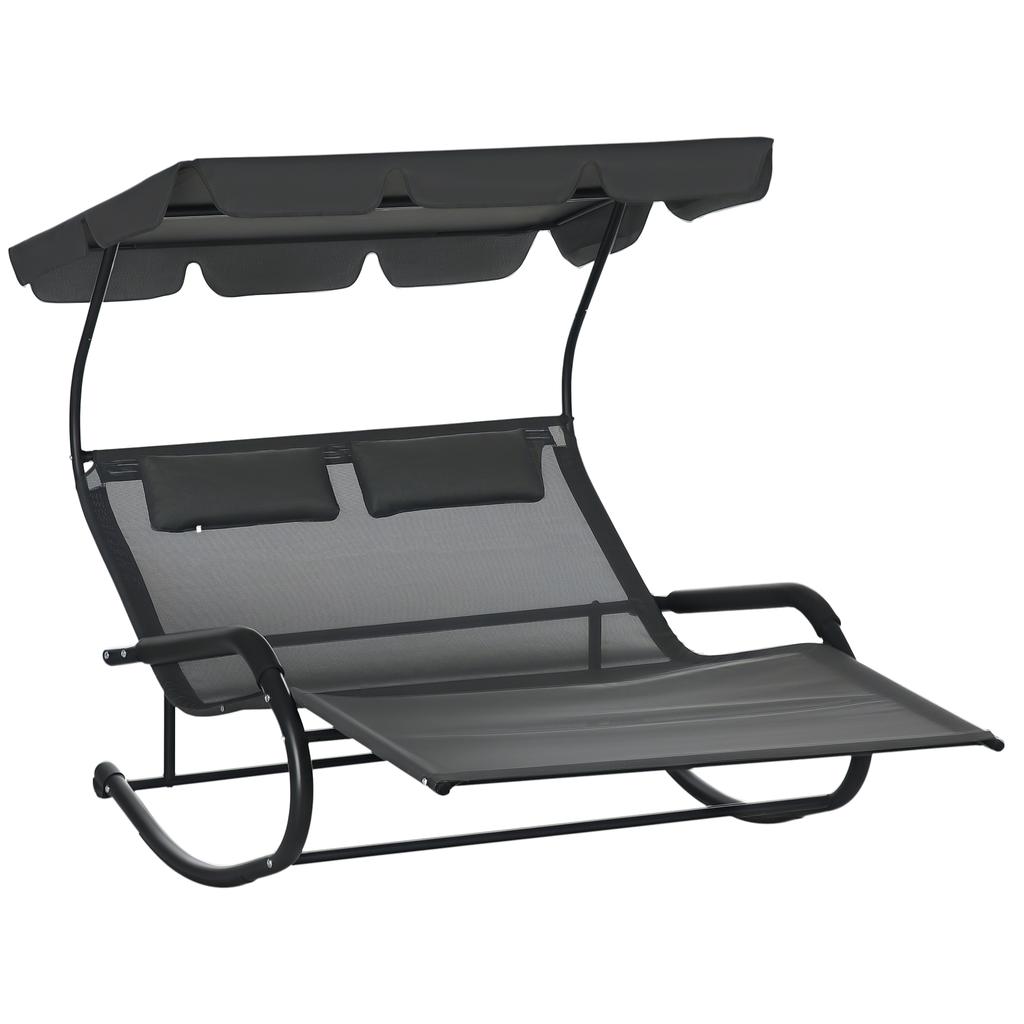 Double sun lounger for 2 people, incl. cushions and canopy, 200 cm x 139 cm x 140 cm. Dark Gray