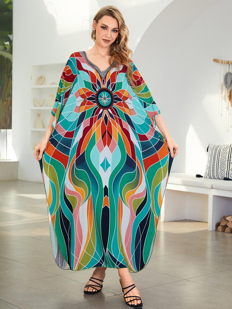 Printed Beach Dresses Viscose Kaftans for Women Summer Plus Size Loose Robe Holiday Living Room Bathing Suits