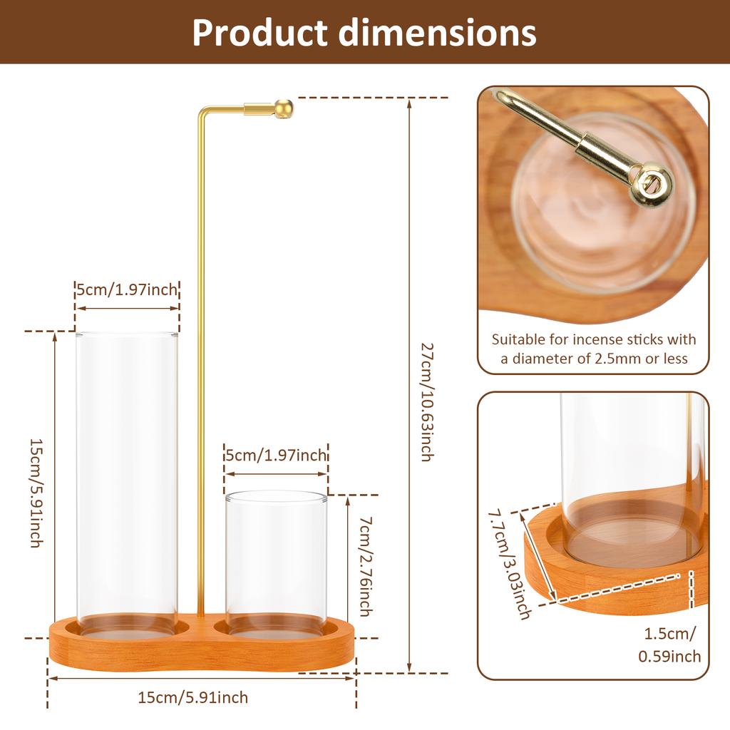 2 in1 Incense Holder Wooden Upside Down Incense Holder Anti-Ash Flying Incense Burne with Glass Ash Catcher and Sticks Organizer