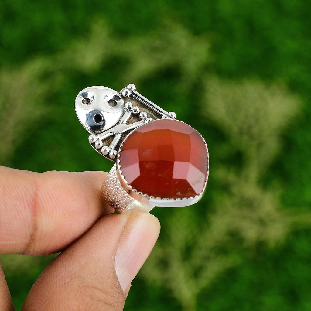 Natural Carnelian 925 Silver Statement Skull And Bone Adjustable Ring For Girls
